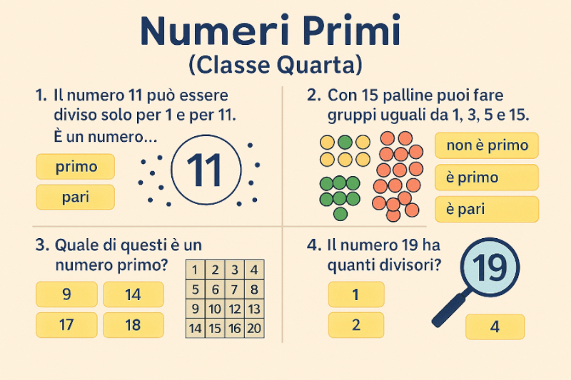 Numeri primi per la classe quarta: spiegazione semplice, esempi concreti e quiz interattivo