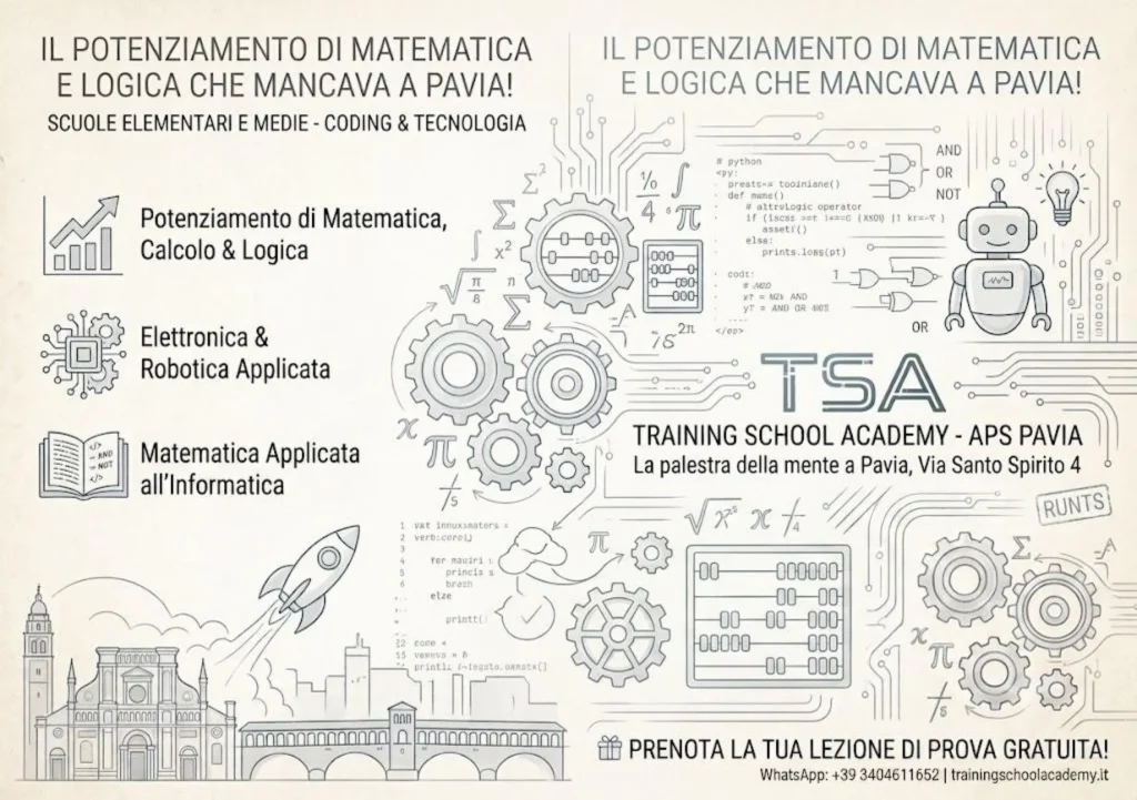 Volantino potenziamento di matematica, coding e robotica per elementari e medie a Pavia - Training School Academy.